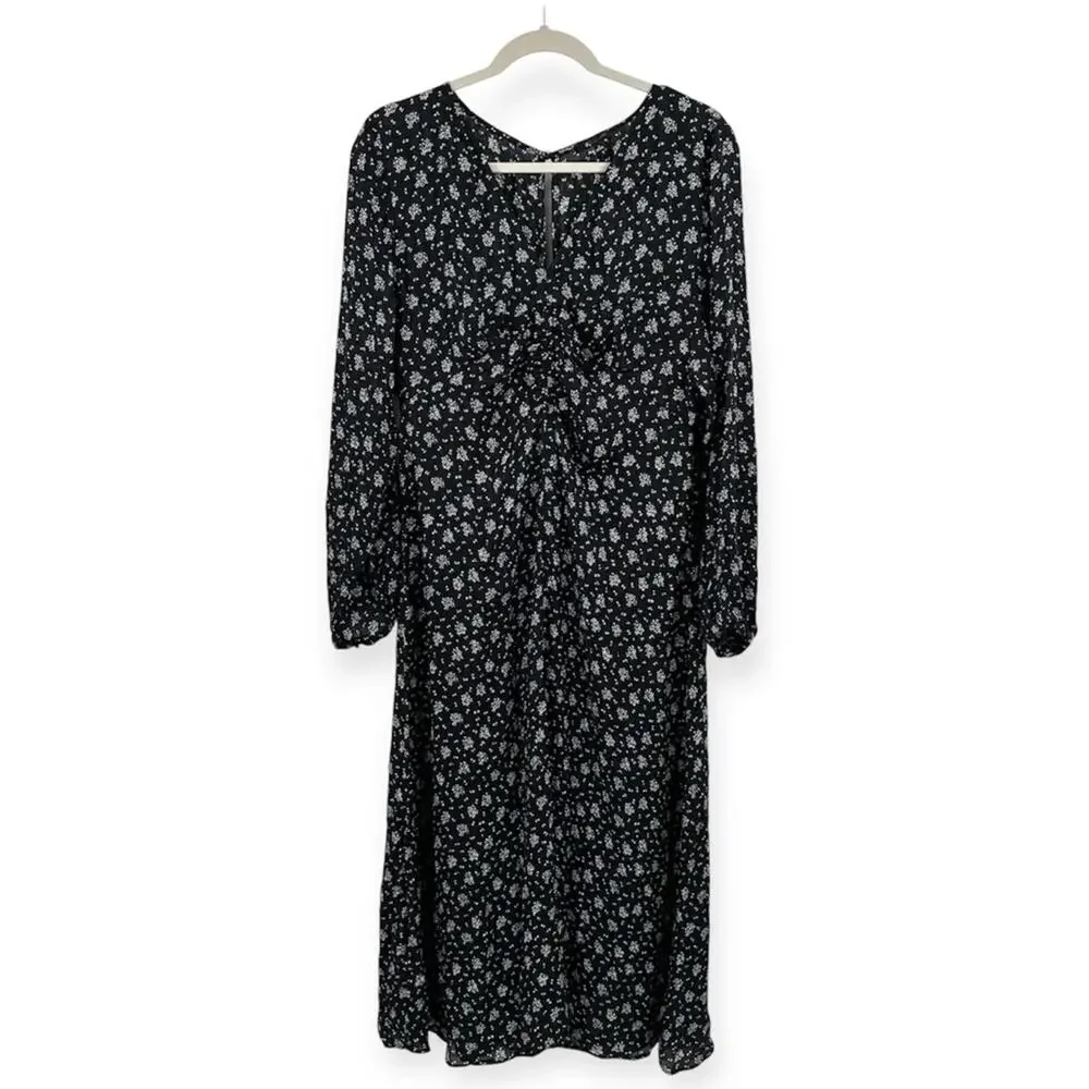 Madewell Floral Ruched Midi Dress in Black Size 8